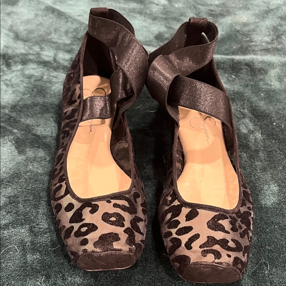 Jessica Simpson Brown and Black Leopard Ballet Flats with Ankle Wrap